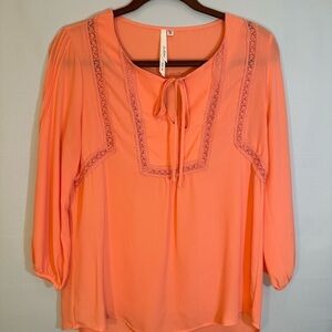Bellatrix  Boho Light Orange 3/4 Sleeve Lace Trim Tie Neck High Low Hemline S